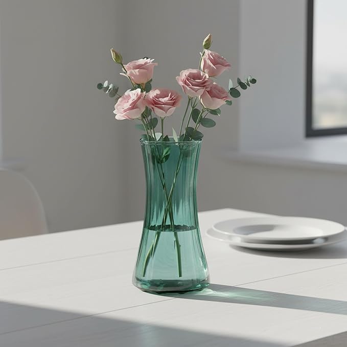 9 in.Tall Mint Green Glass Flower Vase - Modern Ribbed Hourglass Shape,Wide Opening Decor for Home Living Room, Dining Table, Wedding Gift