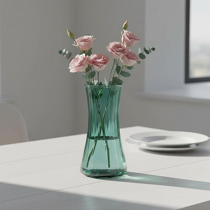 9 in.Tall Mint Green Glass Flower Vase - Modern Ribbed Hourglass Shape,Wide Opening Decor for Home Living Room, Dining Table, Wedding Gift