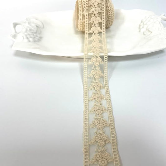 5 Yard Floral Lace Ribbon, Delicate Daisy Lace Trim for Wedding Dresses, DIY Crafts, Clothing, and Curtain Embellishments(Beige)