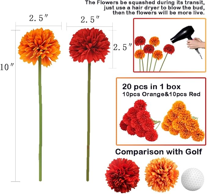 20Pcs Artificial Fake Flower Plants Silk Chrysanthemum Ball Hydrangea Arrangements Wedding Bouquets Decor Home Kitchen Garden Party Table Floral Centerpieces DIY (Red&Orange)