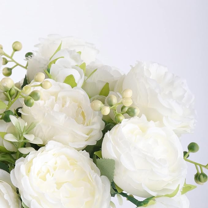 Artificial Peonies Silk Flowers, White Faux Peony Bouquet 2 Bundles Florals Arrangements Decor for Farmhouse Home Boho Wedding Table Centerpiece, Fake Plastic Flowers Bulk for Vase Decoration (White)