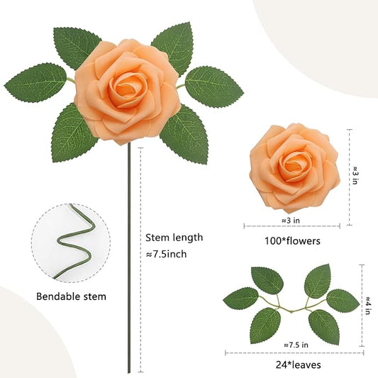 100PCS Orange Artificial Flowers Roses Real Looking Foam Fake Roses with Leaves and for DIY Wedding Bouquets Bridal Shower Centerpieces Party Decorations (Orange, 100)