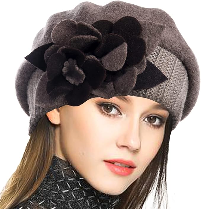 VECRY Lady French Beret 100% Wool Beret Floral Dress Beanie Winter Hat