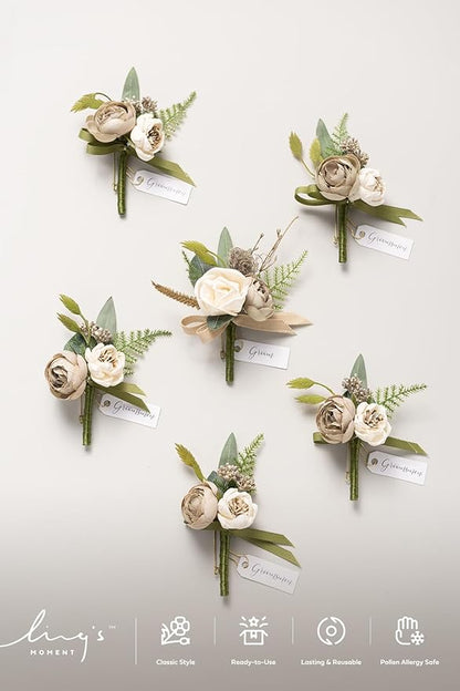 Ling's moment Boutonniere for Men, 6pcs Groom Groomsmen Boutonniere, Artificial Flowers for Wedding Decor/Prom/Homecoming, etc.Brown
