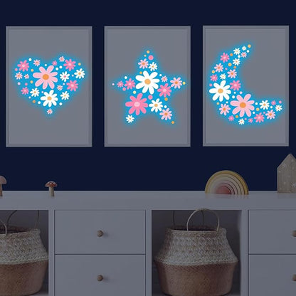 Glow in The Dark Big Daisy Wall Decals，Glowing Luminous Large Cute Daisy Wall Stickers Colorful Removable self-Adhesive Pink White Flower Decals for Girls Bedroom Kids Baby Nursery Living Room Decor