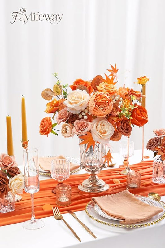 Artificial Flowers Fall, Orange Faux Flowers with Stems Silk Mix Peony Combo Box Set for DIY Bridal Wedding Bouquets Table Centerpieces Baby Shower Party Home Decorations