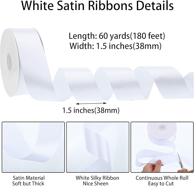 White Ribbon 60 Yards 1 1/2 inch White Satin Ribbon Wide Gift Ribbons for Flower Floral Arrangement Gift Wrapping Chair Cheer Bows Wedding Bride Sash Baby Shower Christmas Bedroom Decor