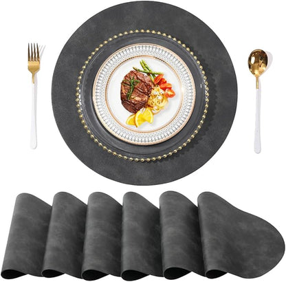 UnivoColors PU Leather Placemats Set of 6,15 Inches Round Washed Cowhide Pattern Table Mats for Dining Table, Kitchen, Party Decoration(Retro Black)