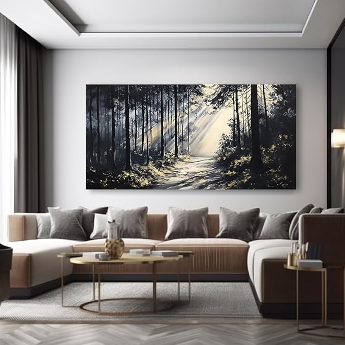 LAVIKARS Rustic Sunlight Forest Wall Art for Living Room Office Black and White Modern Landscape Canvas Painting Prints Large Nature Artwork Home Kitchen Bedroom Decor (20x40 Inches)