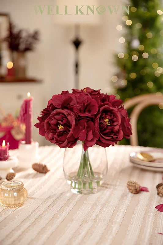 Artificial Flowers Silk Peonies & Hydrangea in Glass Vase with Fake Water, Fake Rose Bouquet Arrangement with Vase for Home Wedding Christmas Party Decor as Table Centerpieces & Gift (Classical Red)