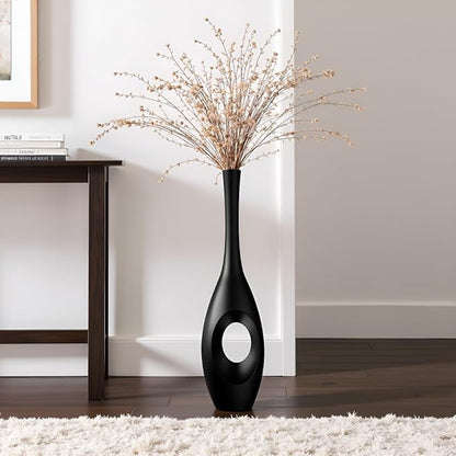 23.6" Black Floor Vase – Donut-Shaped Oval Body with Slim 3cm Neck, Modern Tall Decorative Vases for Living Room, Entryway, Office Decor – Resin Tall Floor Vase