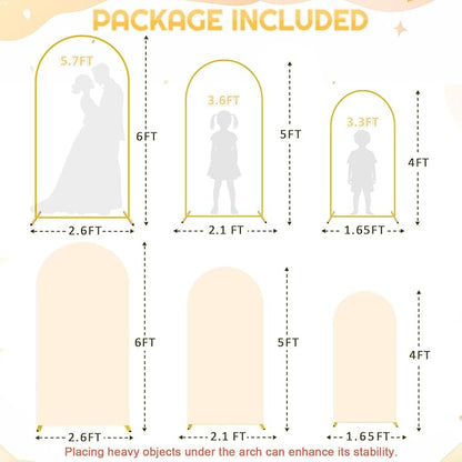 Party Arch Backdrop Stand and Cover Set of 3 (6FT, 5FT, 4FT) Metal Arch Frame Balloon Party Backdrop Arches Stand with Beige Arched Covers Stretchy Backdrops for Baby Shower Birthday Ceremony Decor