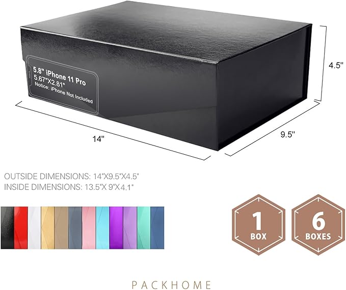 PACKHOME 6 Large Gift Boxes with Lids 13.5x9x4.1 Inches, Sturdy Collapsible Gift Boxes with Magnetic Closure (Glossy Black, Grass Texture)