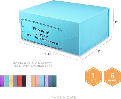 PACKHOME 6 Gift Boxes 9x6.5x3.8 Inches, Rectangle Collapsible Boxes with Magnetic Lids for Gift Packaging (Matte Blue, Grain Texture)