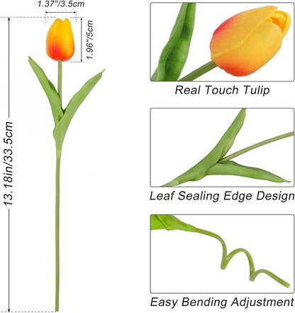Tulips Artificial Flowers 20 Pcs Orange Fake Tulip Stems Real Touch PU Tulips for Easter Spring Wedding Bouquet Home Centerpiece Floral Arrangement Table Décor
