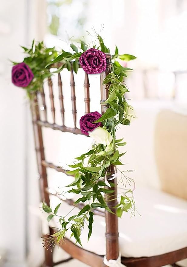 IPOPU Artificial Roses,25pcs Glitter Roses Glitter Flowers Foam Roses with Stems for DIY Wedding Bridal Bouquet Home Party Decoration(Deep Pink)