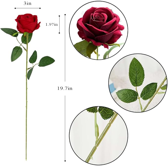 Jasion 12PCS Artificial Roses Realistic Velvet Silk Flowers Long Stem Faux Flowers Bouquet for Wedding Home Party Table Centerpieces Decorations (Red)