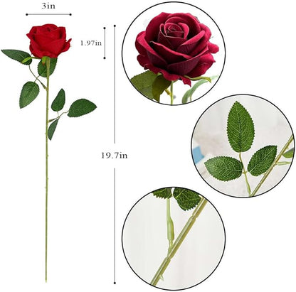 Jasion 12PCS Artificial Roses Realistic Velvet Silk Flowers Long Stem Faux Flowers Bouquet for Wedding Home Party Table Centerpieces Decorations (Red)