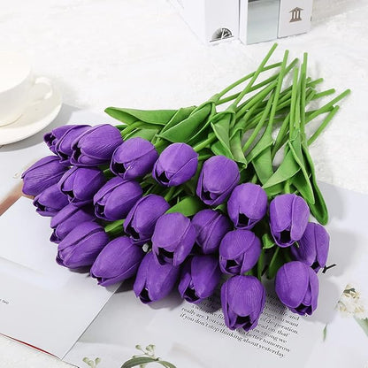 IPOPU Real Touch Purple Tulips 24PCS Artificial Flowers for Decoraion Fake Tulips Purple Flowers Floral Arrangements Faux Tulip Decor for Table Home Decor Baby Shower Centerpieces