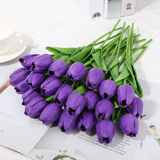 IPOPU Real Touch Purple Tulips 24PCS Artificial Flowers for Decoraion Fake Tulips Purple Flowers Floral Arrangements Faux Tulip Decor for Table Home Decor Baby Shower Centerpieces