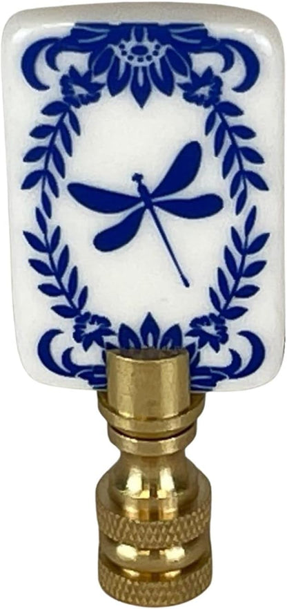 Royal Designs, Inc. Blue/White/Black Porcelain Dragonfly Finial for Lamp Shade, Polished Brass