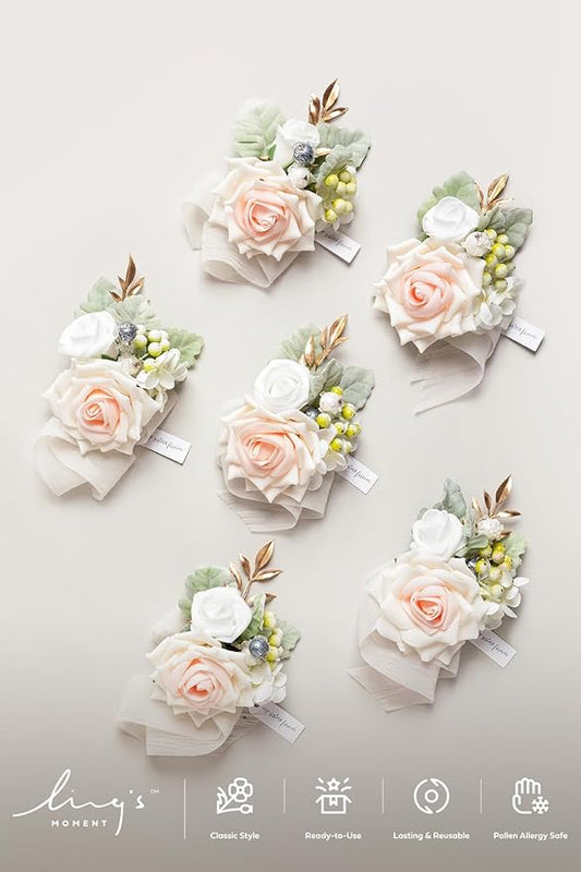 Ling's moment 6pcs Wedding Wrist Corsage Artificial Flowers, Girl/Mother Homecoming Prom Corsages Wristlet Décor, etc. Peach Pink