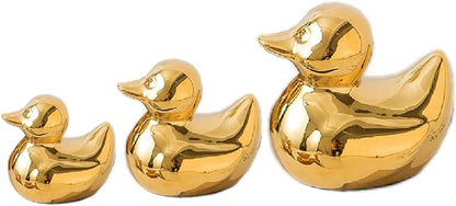 Golden Ceramic Duck Figurines，Home Decor Animal Sculptures and Statues Handmade Artware Decor,Mini Duck Sets 3 PCS