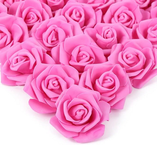 IPOPU Artificial Rose Flower Heads, 100pcs Real Looking Hot Pink Foam Fake Roses for DIY Wedding Baby Shower Centerpieces Arrangements Party Tables Home Decorations (Hot Pink, Stemless)