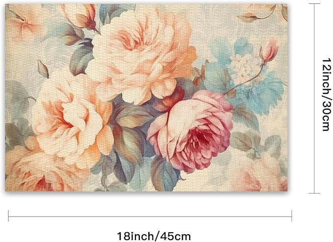 Placemats Set of 4 Waterproof Oilproof Table Mats Vintage Rose Pattern Washable Wipeable Heat Resistant Easy to Clean for Indoor Outdoor Party Kitchen Dining Table Decoration 12 * 18in