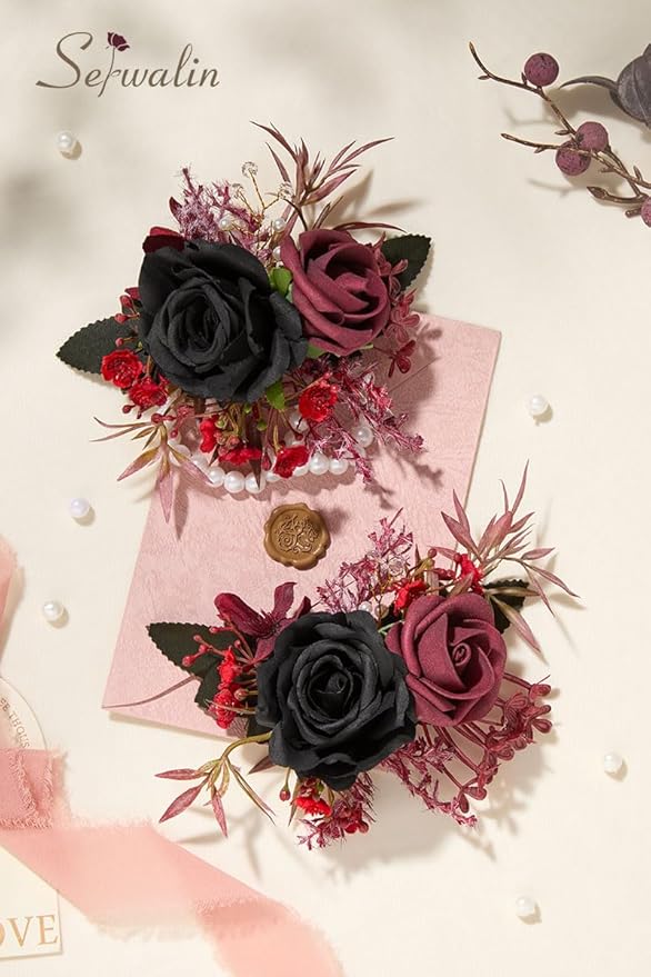 Serwalin Black Bungundy Wrist Corsage and Boutonniere Set 2pcs, 6-7inch Boutonniere for Men, Corsage Wristlet Wristband Prom Flower Wedding Flowers Accessories Prom Suit Decorations
