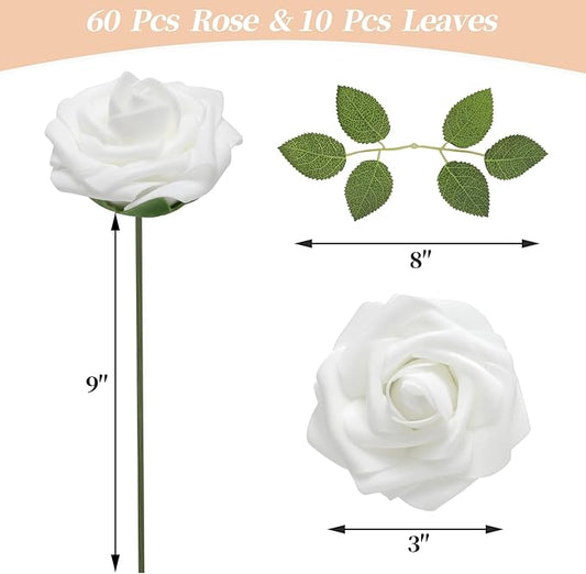 DerBlue 60pcs Artificial Roses Flowers with stem and 10pcs Green Leaves Real Looking Fake Roses Artificial Foam Roses Decoration DIY for Wedding,Arrangements Party Home Decorations