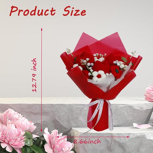 Crochet Flower Tulip Bouquet: Handmade Artificial Flower Knitted Sunflower Bouquet for Festival Wedding Graduation Anniversary (Red)