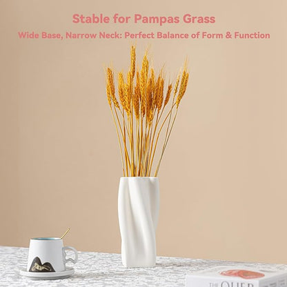 White Ceramic Vase with Ruffled Texture - 8.9" Unique Flower Vase for Pampas Grass & Centerpieces, Decorative Boho/Farmhouse Vase for Living Room, Office Desk & Housewarming Gift (for Her/Yourself)