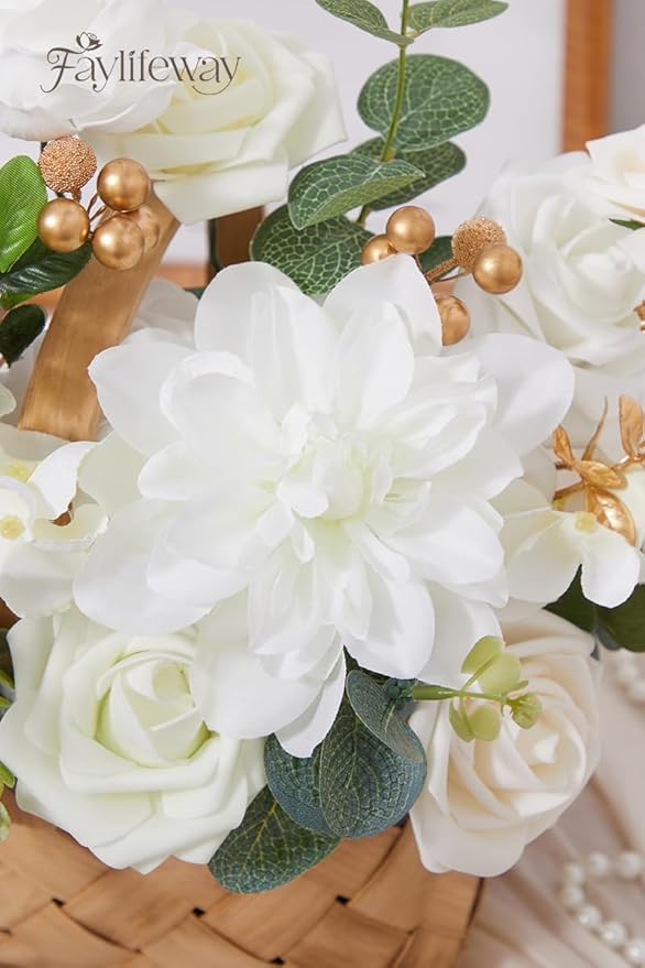 Artificial Flowers, 2PCS White Silk Flowers with Stems for DIY Wedding Bridal Bouquets Baby Shower Floral Arrangement Table Centerpieces Home Decoration