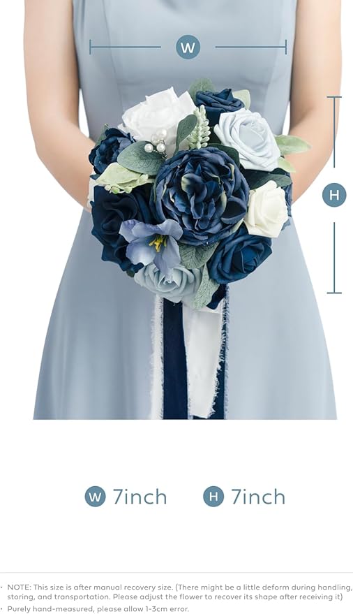 Ling's Moment Artificial Flowers Dusty Blue & Navy Blue Bridesmaid Bouquet Set of 4, Wedding Flowers Bouquets for Bridesmaids, 7 Inch Bridal Bouquets for Bridesmaids, Wedding Decor, Ceremony, etc