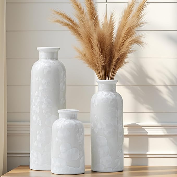 Modern Ceramic Vase Set of 3, White Crystalline Glaze Colors, Decorative Bottles for Home, Farmhouse Rustic Decor (Crystalline Glaze White)