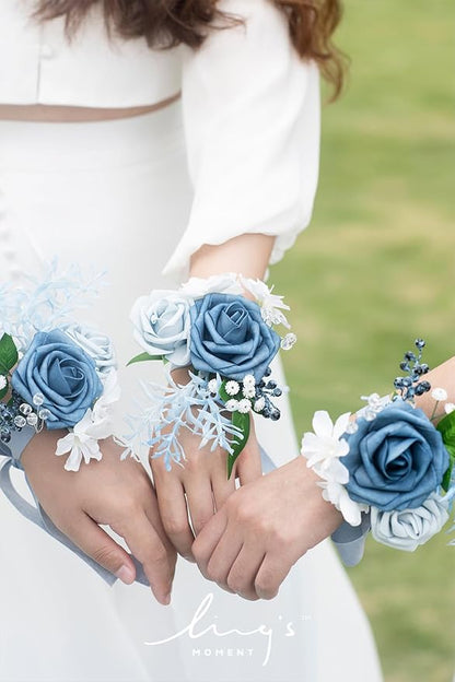 Ling's moment 6pcs Wedding Wrist Corsage Artificial Flowers, Girl/Mother Homecoming Prom Corsages Wristlet Décor, etc. Dusty Blue Light Blue