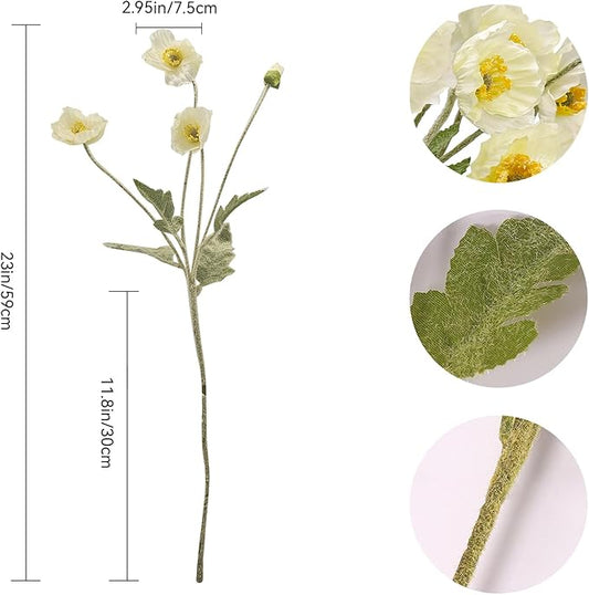 12PCS Poppy Flowers Artificial 23" Real Touch Stems Faux Poppies Silk Flowers for Home Decor Indoor (White)