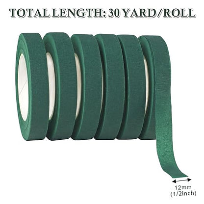 12 Roll Floral Tape 1/2inch Flower Tape Dark Green, Floral Tapes for Bouquet Stem Wrapping and Floral Crafts, Wedding Bouquet