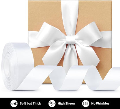 1-1/2 Inch Wide White Satin Ribbon, 50 Yards Solid Polyester Fabric Ribbon for Roses Making, Gift Wrapping, Christmas, Wedding Decorations, Crafts, Bows