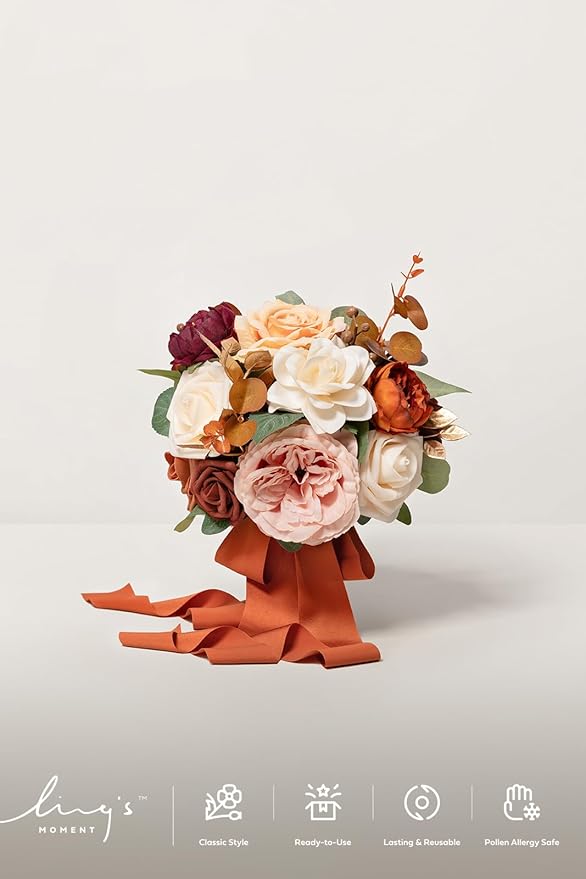 Ling's moment Bridesmaid Bouquet Set of 4, Terracotta Wedding Bouquets for Bridesmaids, 7 Inch Bridal Bouquets for Bridesmaids, Wedding, Ceremony, Anniversary, etc.