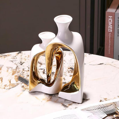 2 Pieces White Gold Ceramic vase Set Home Ceramic Decorative vase furnishings Abstract Decorative vase Office Centerpiece Decoration Suitable for Bookshelves, Fireplace