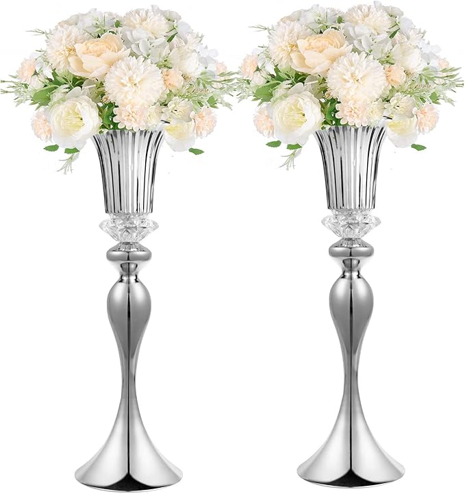 LANLONG Silver Metal Trumpet Vase, 22in Wedding Reception Centerpiece, 2Pcs Set, with Crystal Bead for Home Decor