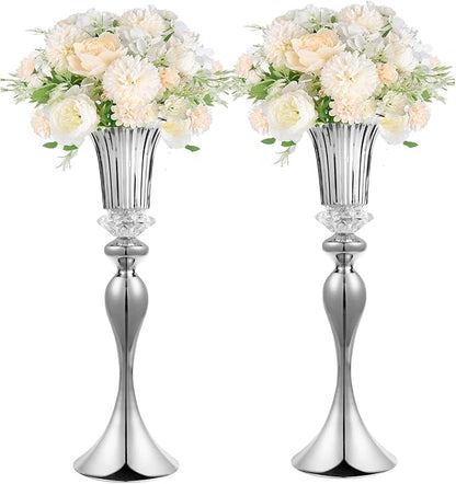 LANLONG Silver Metal Trumpet Vase, 22in Wedding Reception Centerpiece, 2Pcs Set, with Crystal Bead for Home Decor