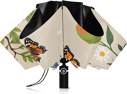 Automatic Folding Umbrella Windproof Strong, UV Protection Compact Floral Hydrangea Hummingbird Sun Rain Sun Rain Travel Umbrellas for Women Men