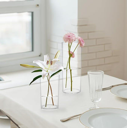 KLIFA- Carlsbad- Set of 3 pcs, 6, 9 & 11 Inch Tall, Plastic Cylinder Vases for Centerpieces, Acrylic Flower Vase for Wedding Centerpieces, Home Decorations, Clear