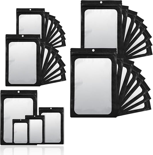 400 Pack 4 Size Bags with Clear Window,Scratch Resistant Hand Holographic Packaging Pouch,Resealable Bag for Small Bussiness Cookies Jewelry Candy Sample (Black, 2.4×3.9,3x4.7,4×7,5.5×7.9 inch)