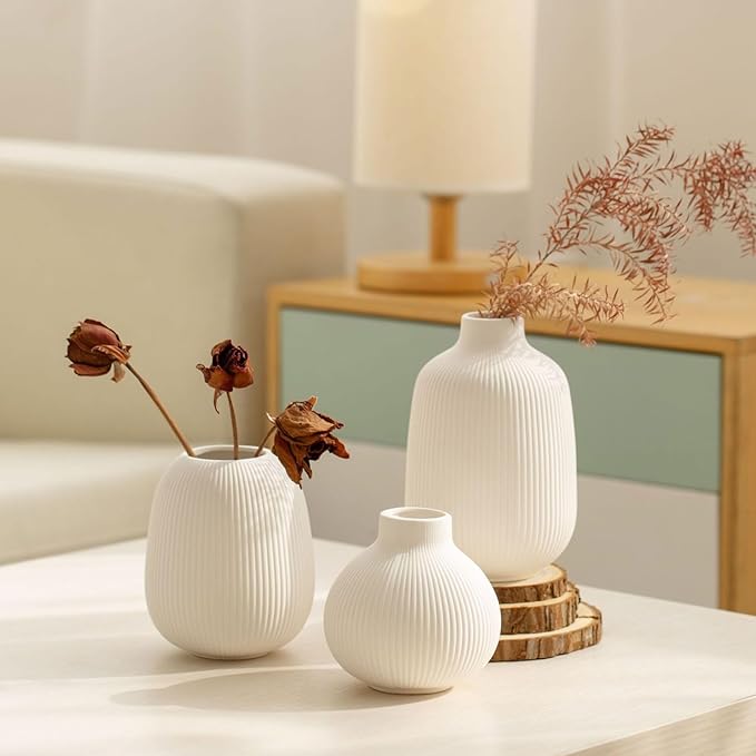 White Ceramic Vase Set of 3, Minimalist Decor, Home Decorative Vase,Modern Ribbed Vases, Vases for Kitchen, Bedroom, Office, Living Room, Bathroom, & Shelf Centerpiece Table Decorations
