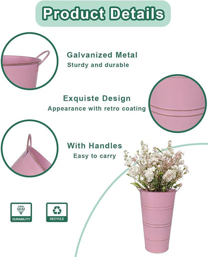 12 Inch Galvanized Metal Vases for Flowers - 2 Pcs Farmhouse Decorative Tall Flower Bucket with Handles, Rustic French Tin Planter Buckets for Wedding Decor (Pink)