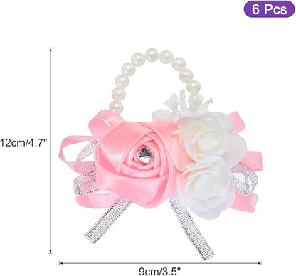MECCANIXITY 6Pcs Wrist Corsage Artificial Flower Bracelets Rose Wrist Bride Groom Decorative for Wedding Ceremony Prom Party Anniversary Pink
